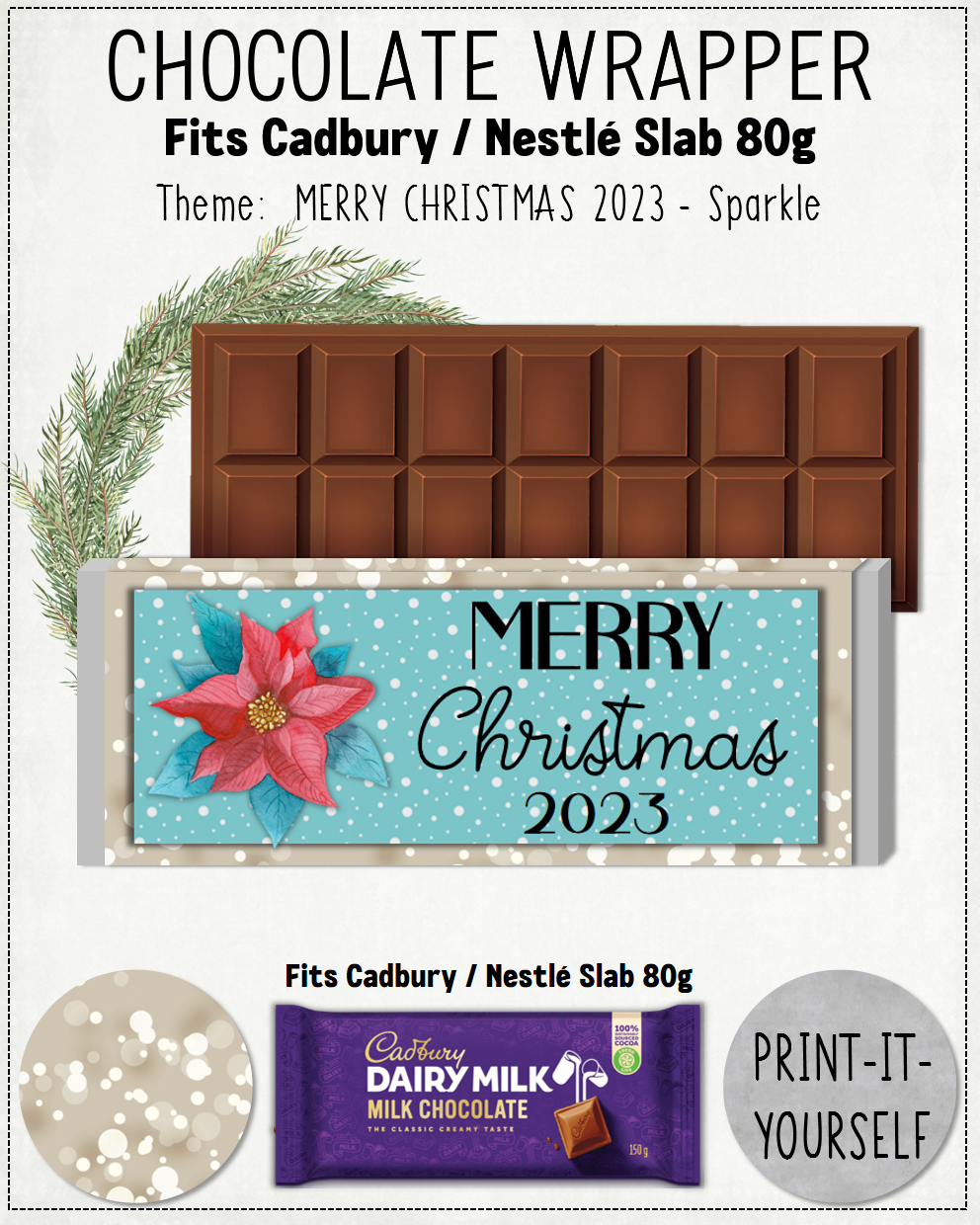 READY TO PRINT:  Merry Christmas 2023 Chocolate Wrapper - Sparkle