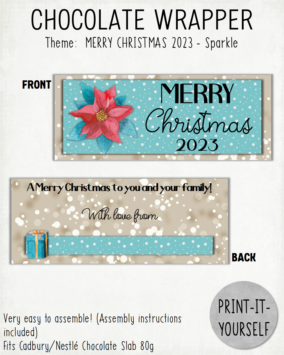 READY TO PRINT:  Merry Christmas 2023 Chocolate Wrapper - Sparkle