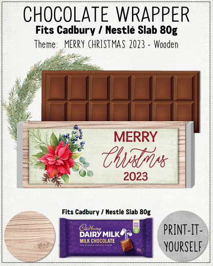 READY TO PRINT:  Merry Christmas 2023 Chocolate Wrapper - Wooden