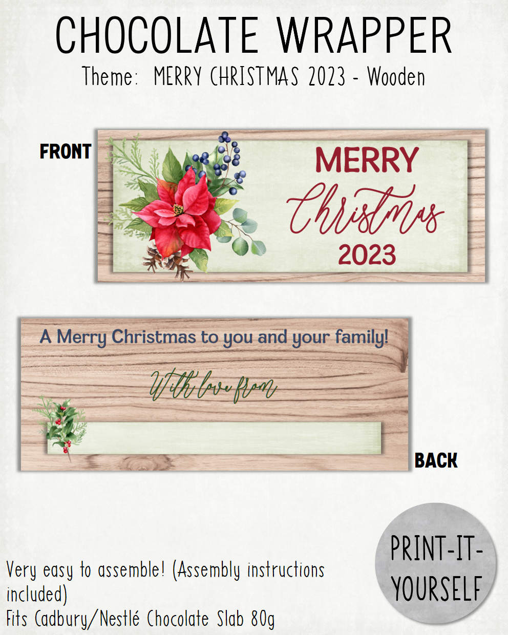 READY TO PRINT:  Merry Christmas 2023 Chocolate Wrapper - Wooden