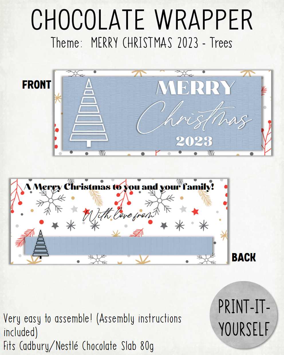 READY TO PRINT:  Merry Christmas 2023 Chocolate Wrapper - Trees