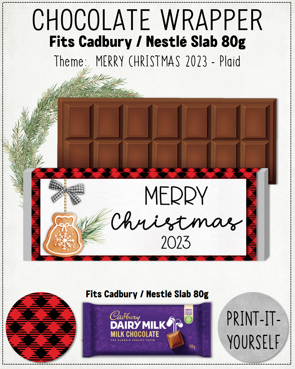 READY TO PRINT:  Merry Christmas 2023 Chocolate Wrapper - Plaid
