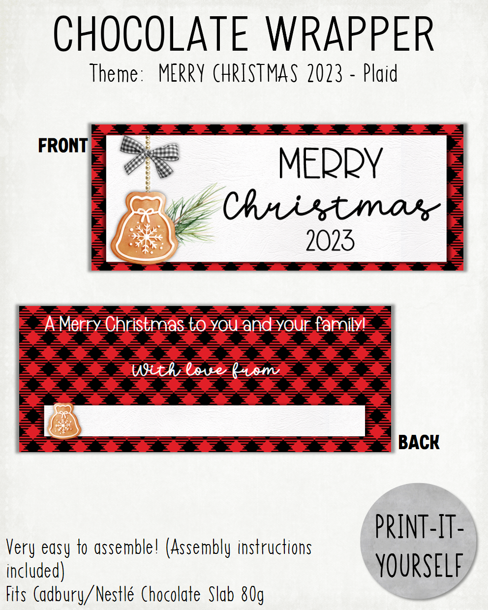 READY TO PRINT:  Merry Christmas 2023 Chocolate Wrapper - Plaid