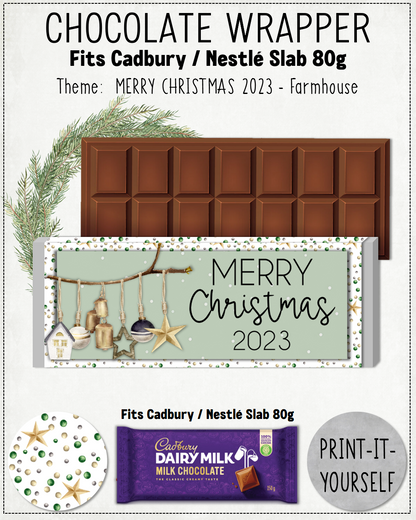 READY TO PRINT:  Merry Christmas 2023 Chocolate Wrapper - Farmhouse