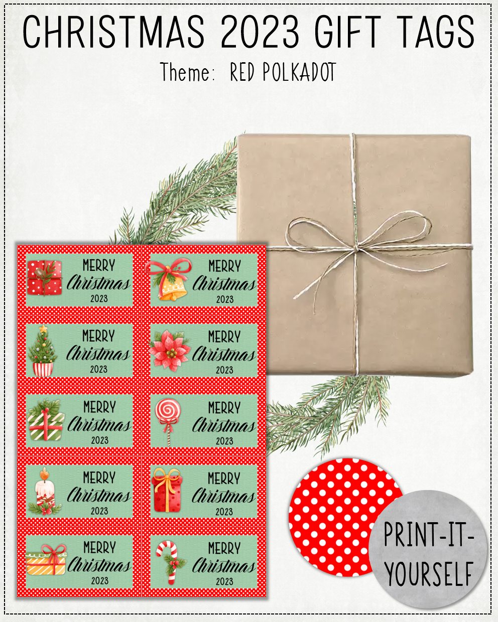 READY TO PRINT:  Christmas 2023 Gift Tags (set of 10) - Red Polkadot