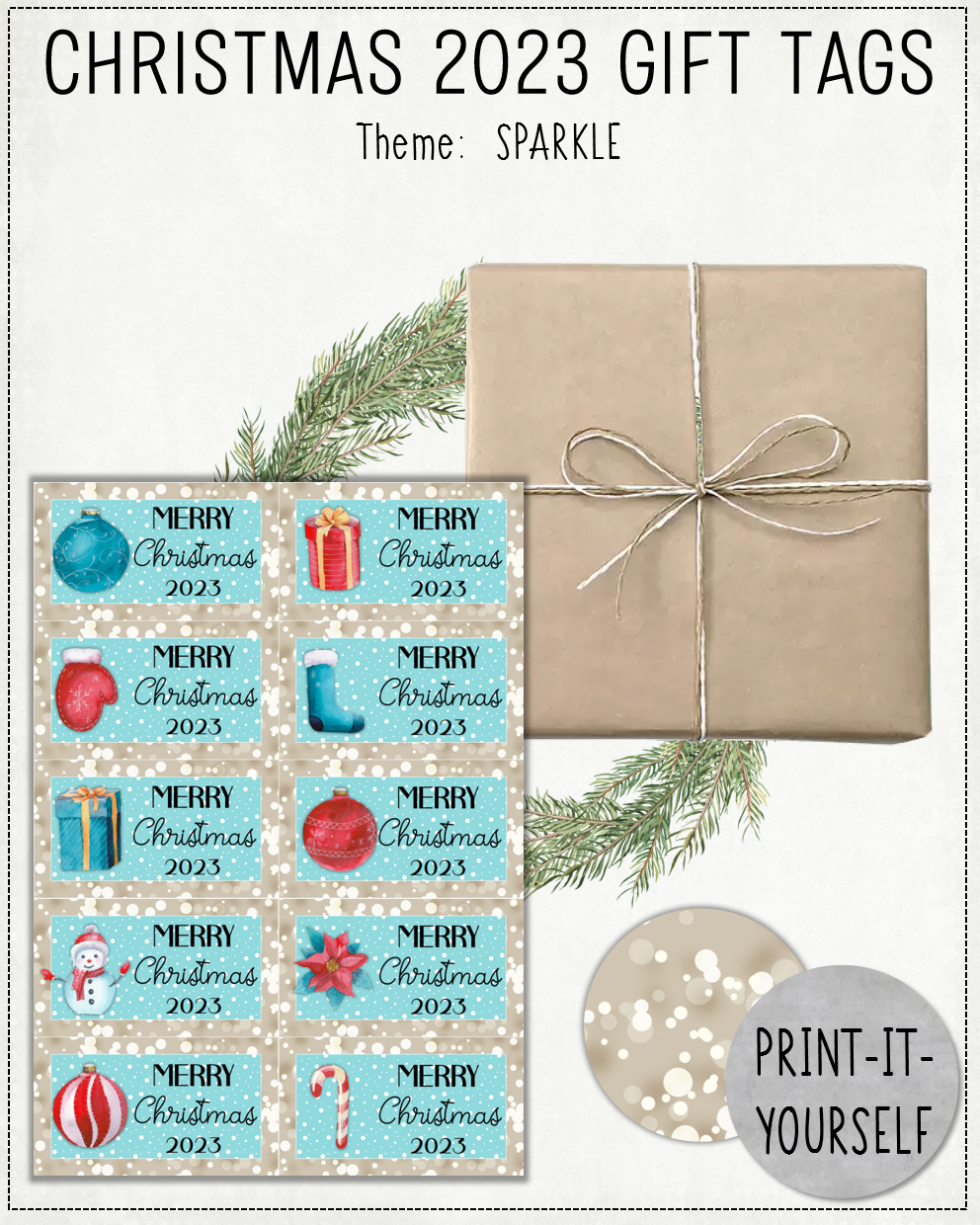 READY TO PRINT:  Christmas 2023 Gift Tags (set of 10) - Sparkle