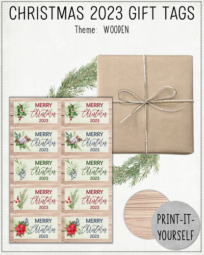 READY TO PRINT:  Christmas 2023 Gift Tags (set of 10) - Wooden
