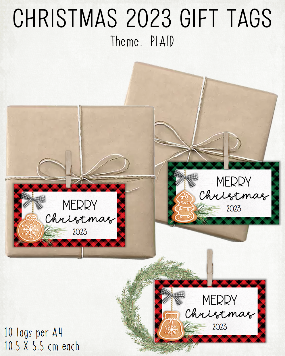 READY TO PRINT:  Christmas 2023 Gift Tags (set of 10) - Plaid