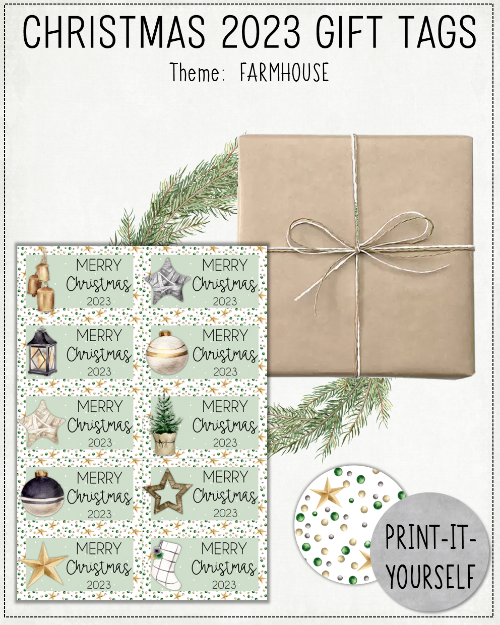 READY TO PRINT:  Christmas 2023 Gift Tags (set of 10) - Farmhouse