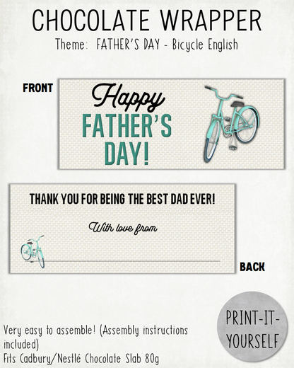 READY TO PRINT:  Father's Day Chocolate Wrapper - Bicycle (English)