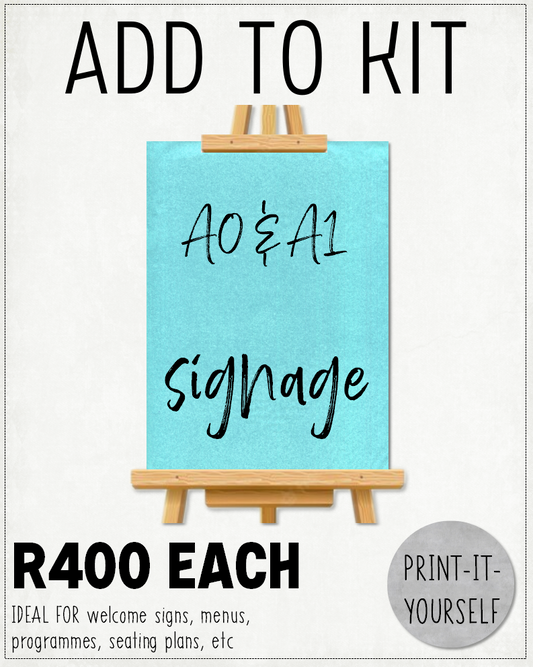 ADD TO KIT:  Signage (A0 & A1 size)