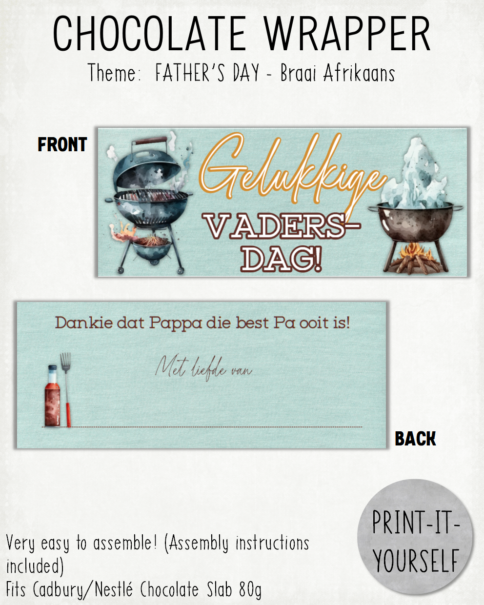 READY TO PRINT:  Father's Day Chocolate Wrapper - Braai (Afrikaans)