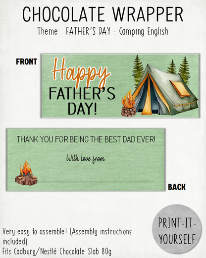 READY TO PRINT:  Father's Day Chocolate Wrapper - Camping (English)