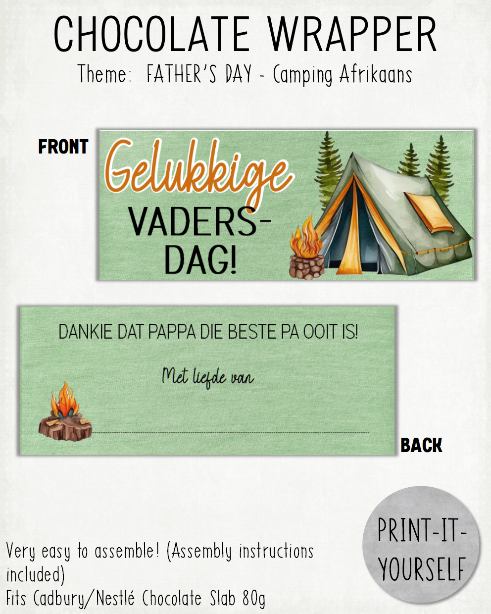 READY TO PRINT:  Father's Day Chocolate Wrapper - Camping (Afrikaans)