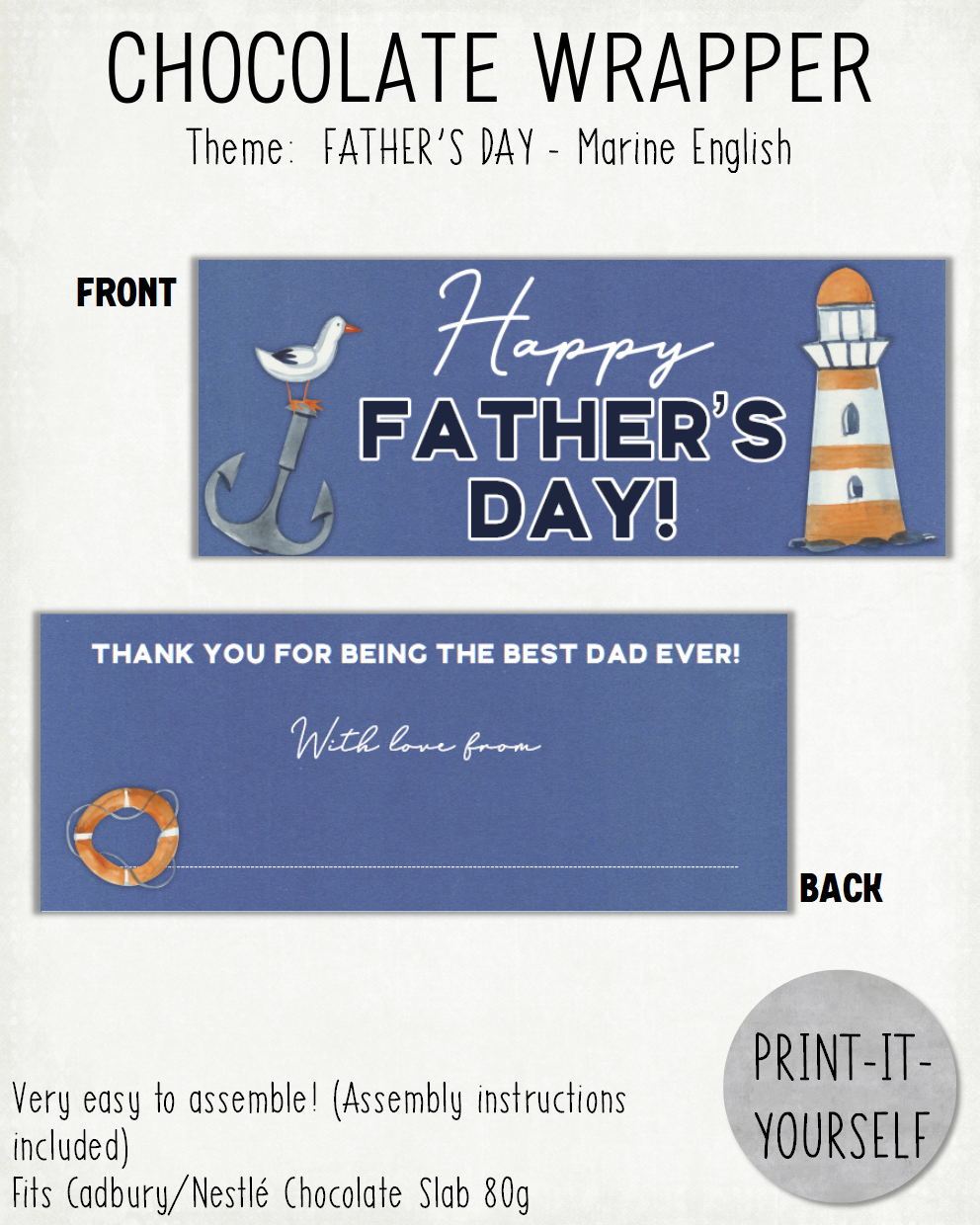 READY TO PRINT:  Father's Day Chocolate Wrapper - Marine (English)