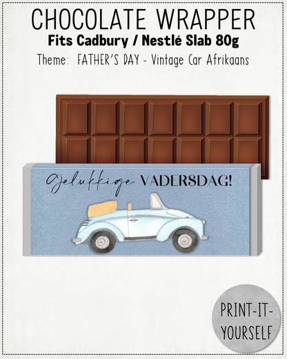 READY TO PRINT: Father's Day Chocolate Wrapper - Vintage Car (Afrikaans)