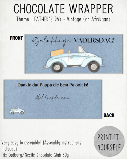 READY TO PRINT: Father's Day Chocolate Wrapper - Vintage Car (Afrikaans)