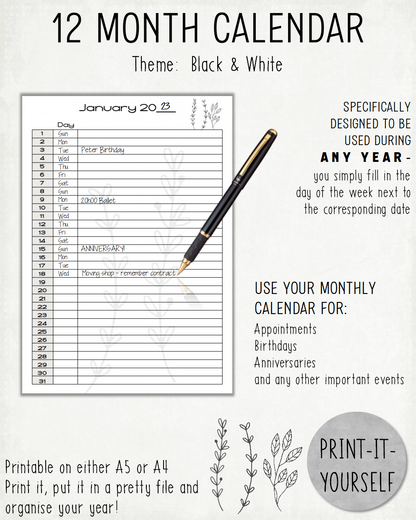 READY TO PRINT:  12 Month Calendar - Black & White