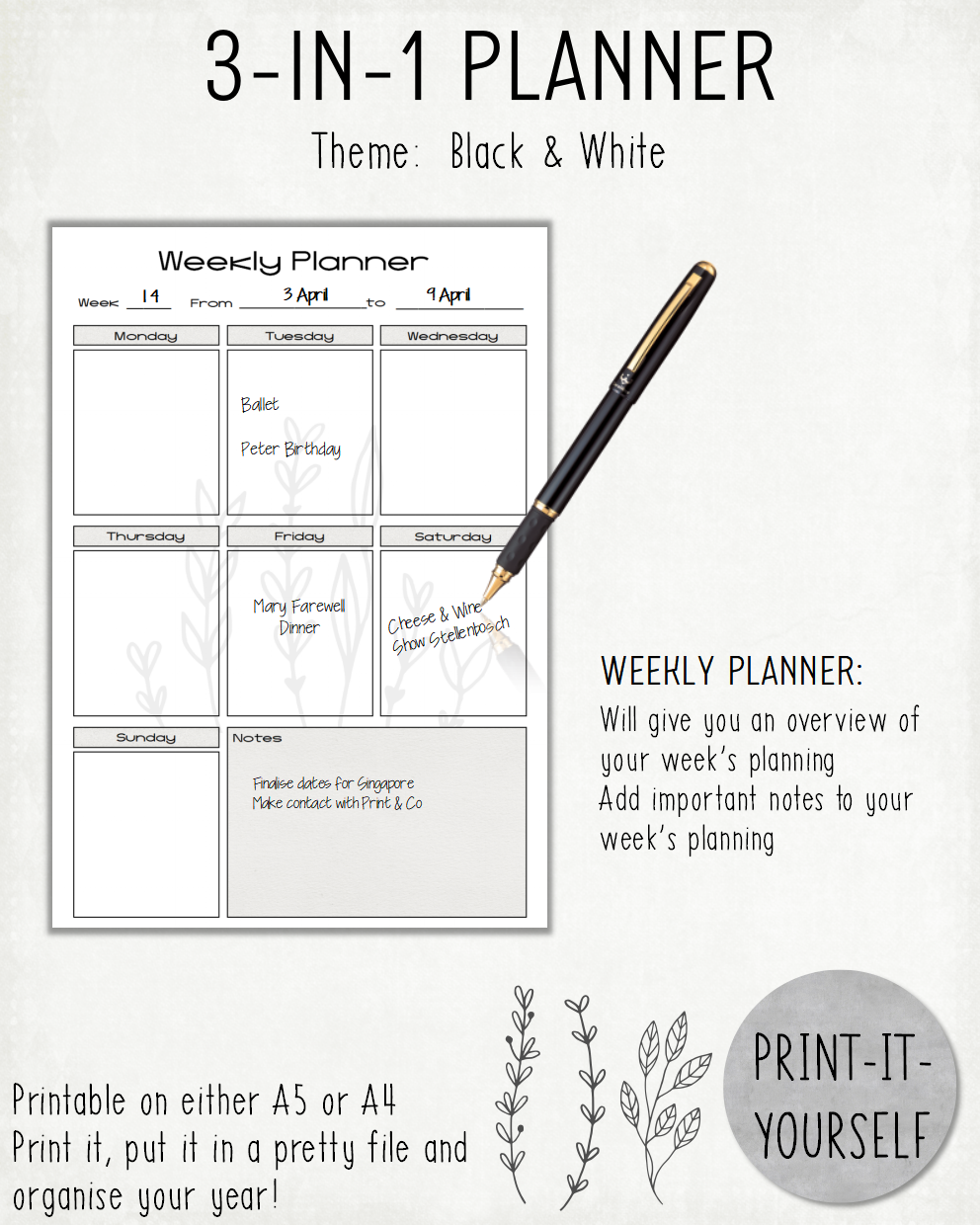 READY TO PRINT:  3-in-1 Planner - Black & White