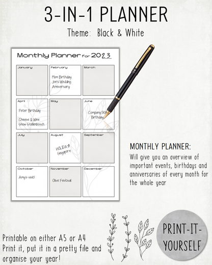 READY TO PRINT:  3-in-1 Planner - Black & White
