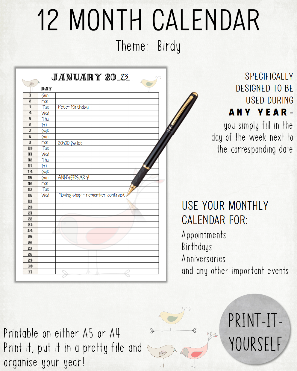 READY TO PRINT:  12 Month Calendar - Birdy