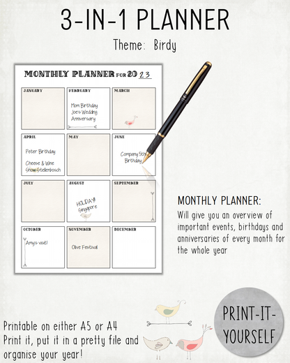 READY TO PRINT:  3-in-1 Planner - Birdy