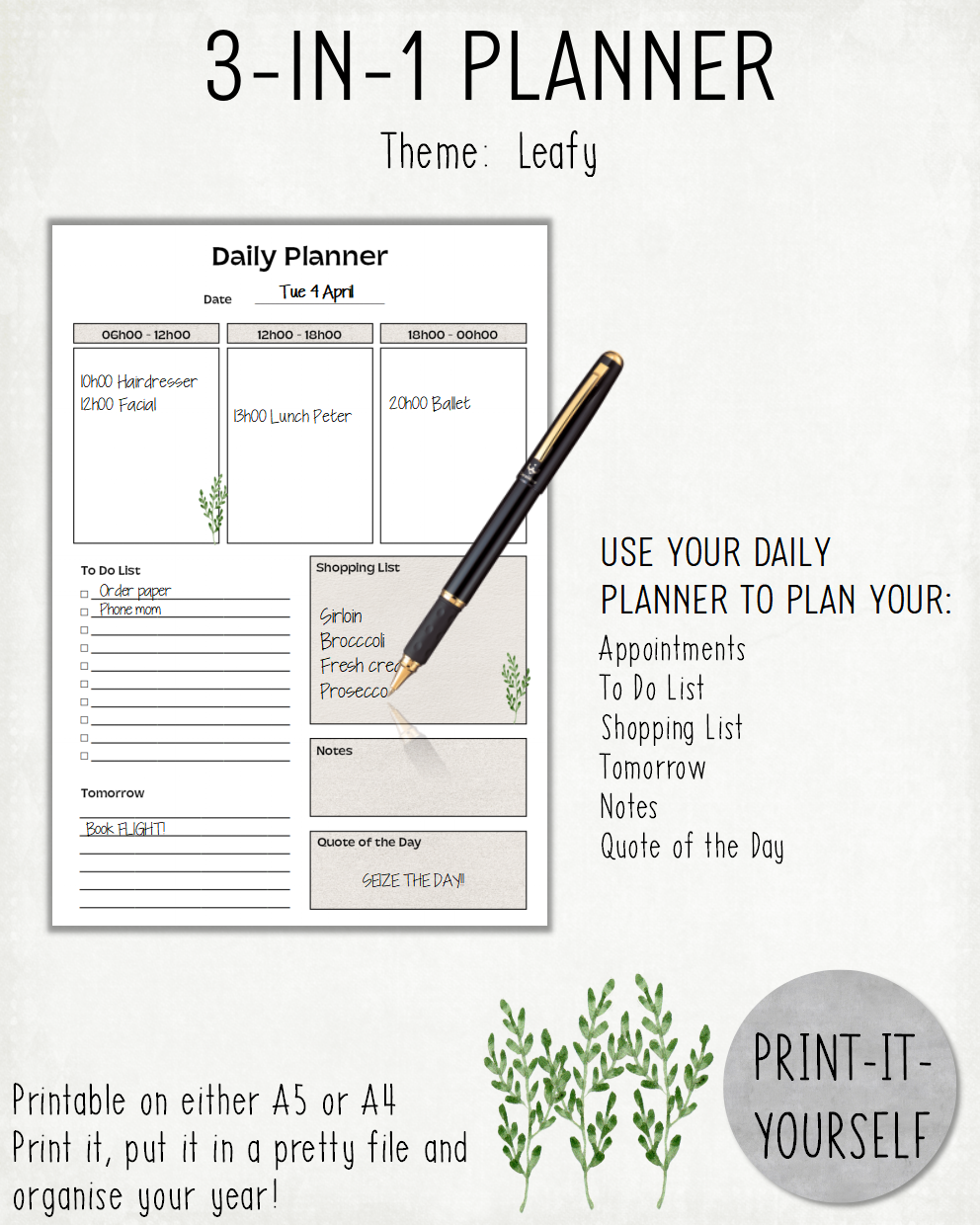 READY TO PRINT:  3-in-1 Planner - Leafy