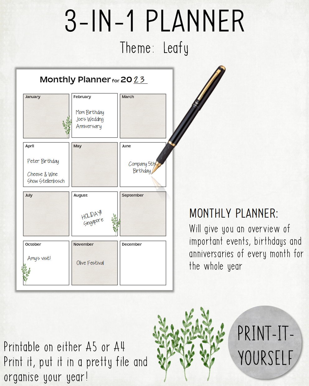 READY TO PRINT:  3-in-1 Planner - Leafy