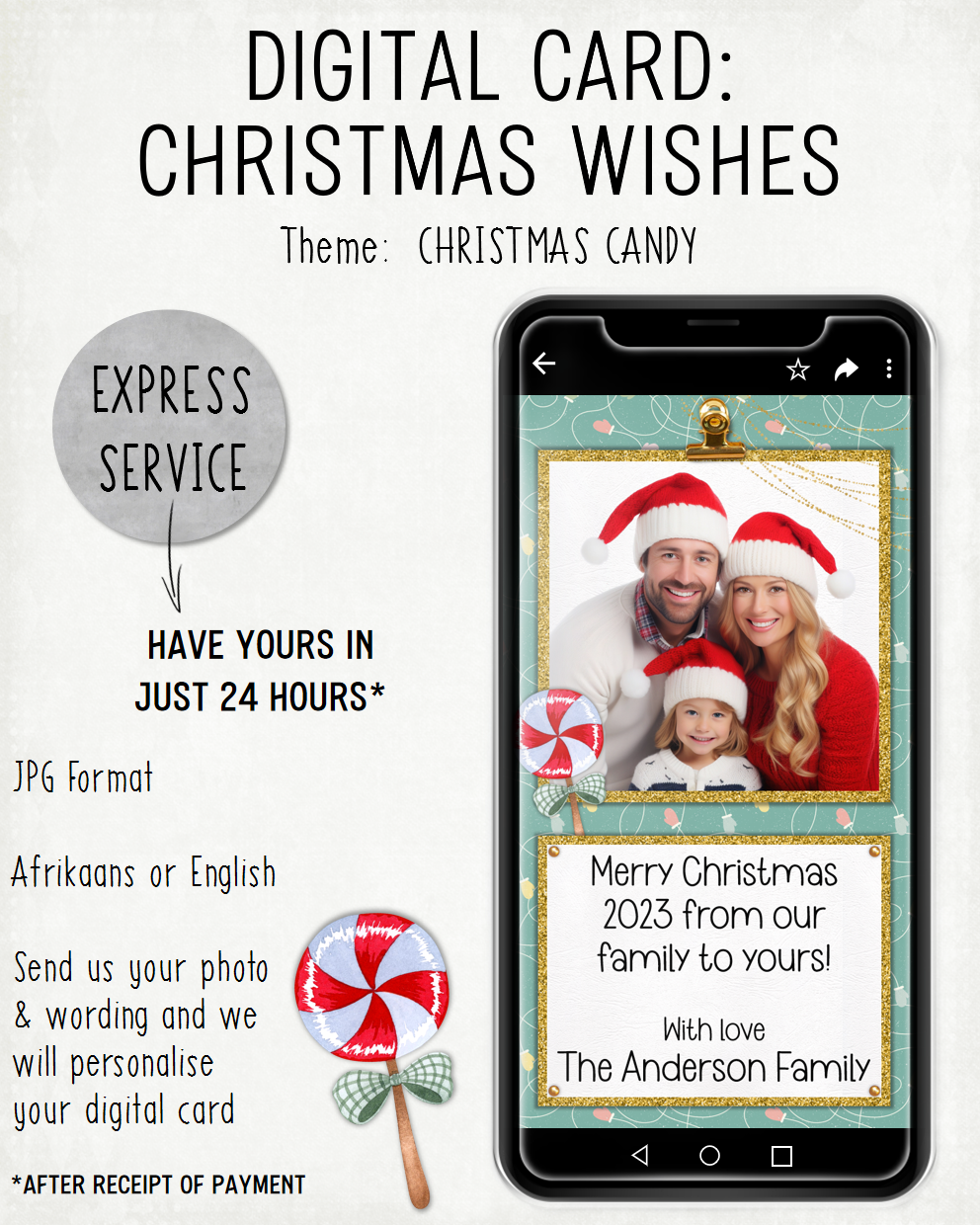 DIGITAL CARD;  Christmas Wishes 2023 - Christmas Candy (Afrikaans / English)