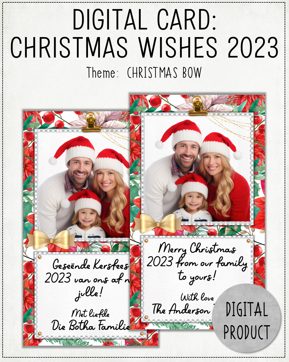 DIGITAL CARD:  Christmas Wishes 2023 - Christmas Bow (Afrikaans / English)