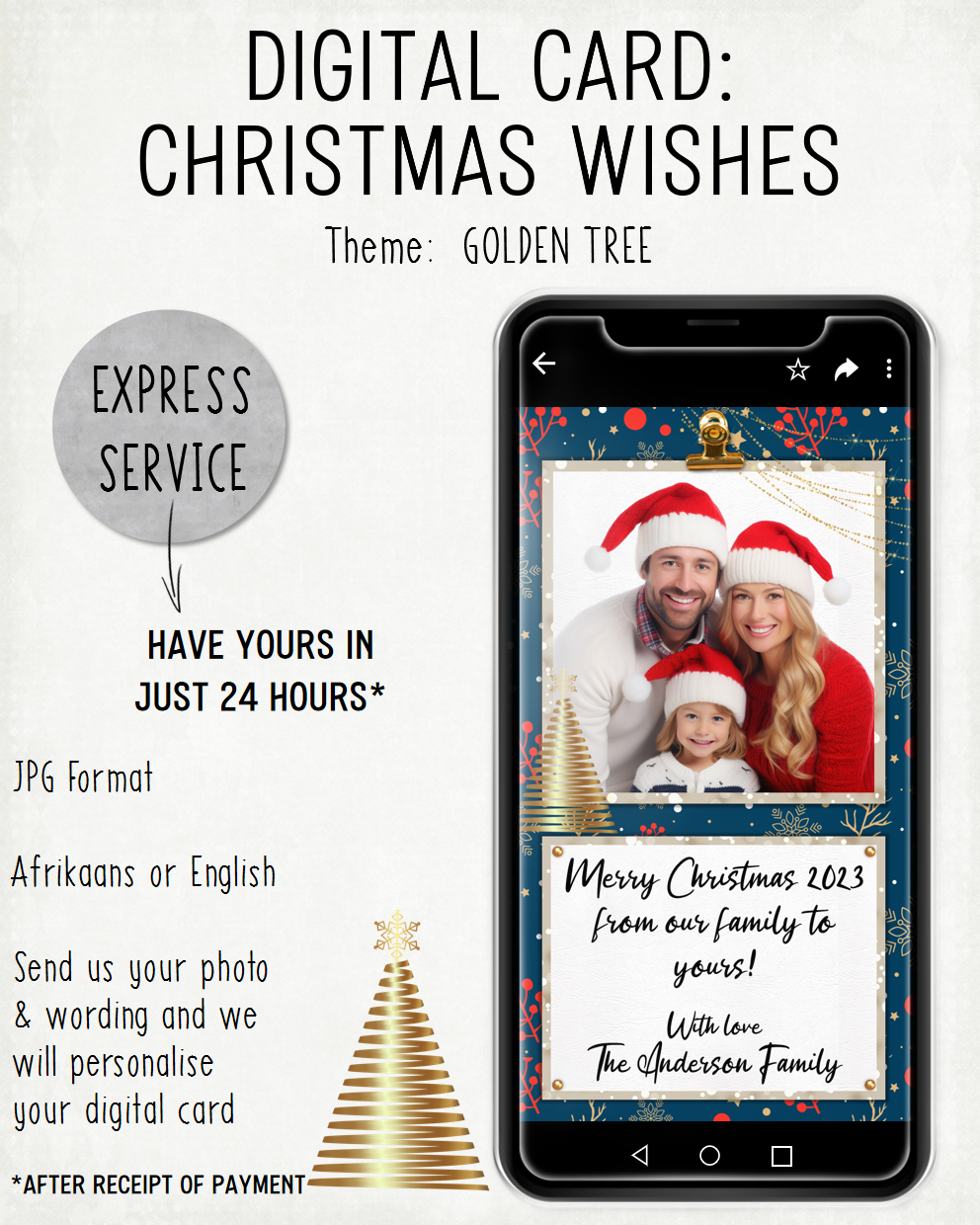 DIGITAL CARD:  Christmas Wishes 2023 - Golden Tree (Afrikaans / English)