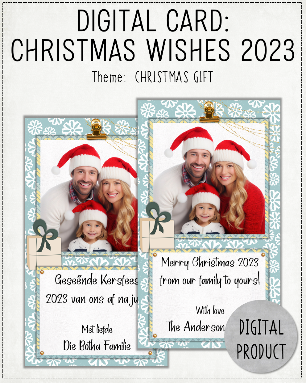 DIGITAL CARD:  Christmas Wishes 2023 - Christmas Gift (Afrikaans / English)