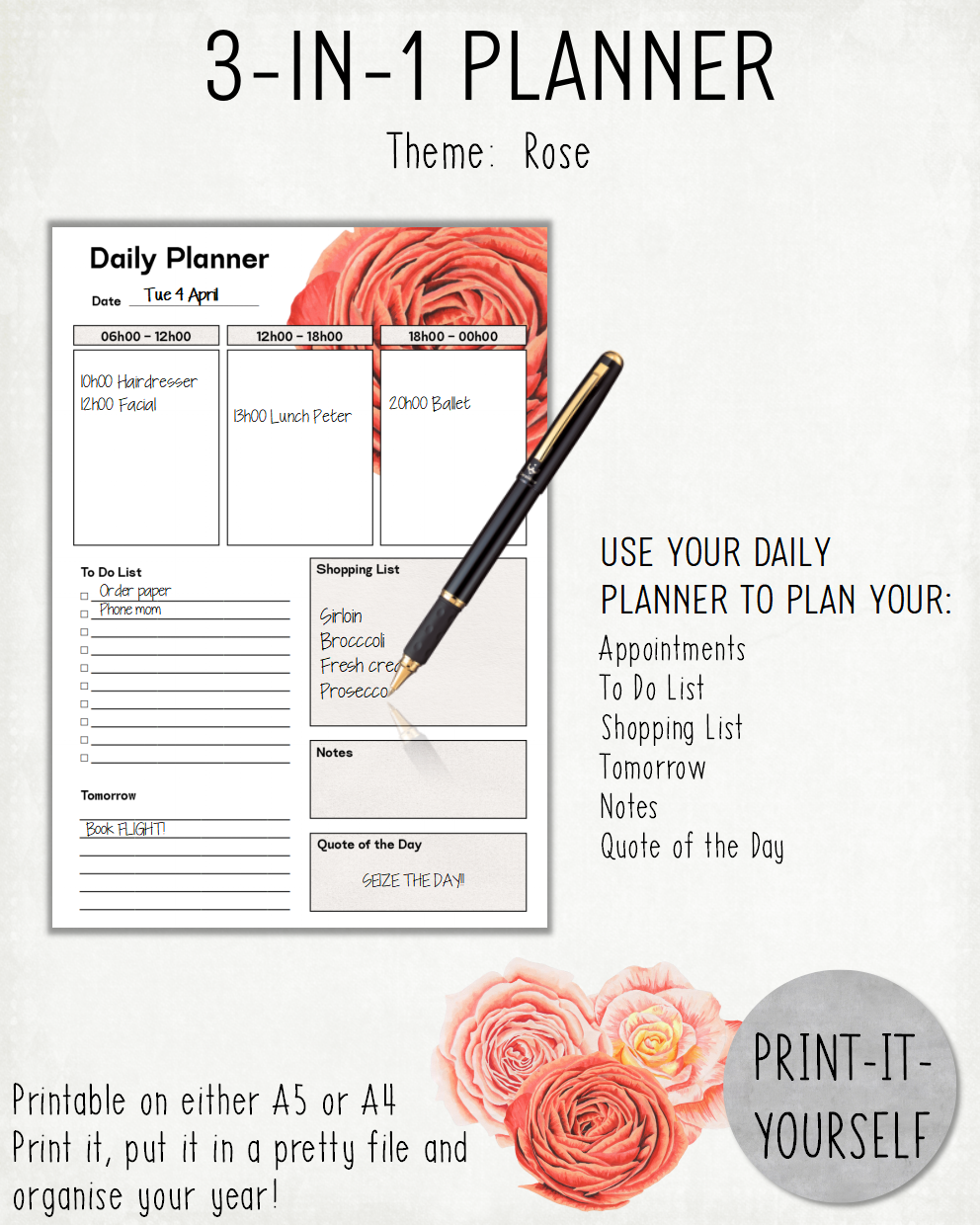 READY TO PRINT:  3-in-1 Planner - Rose