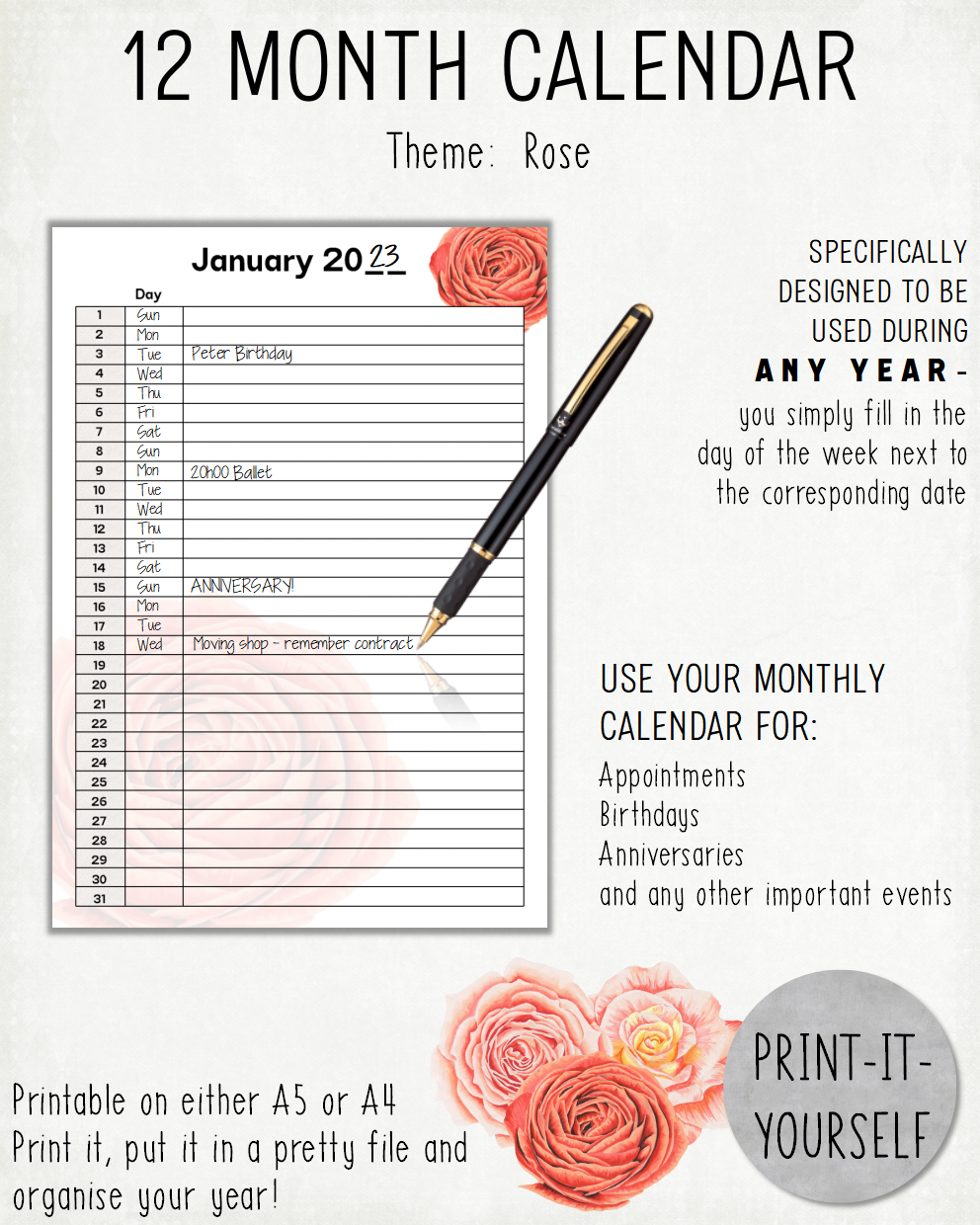 READY TO PRINT:  12 Month Calendar - Rose