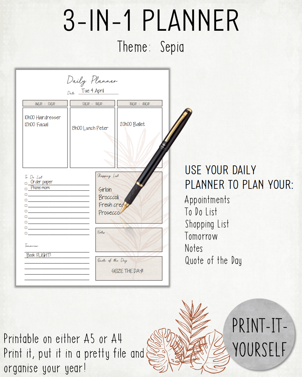 READY TO PRINT:  3-in-1 Planner - Sepia