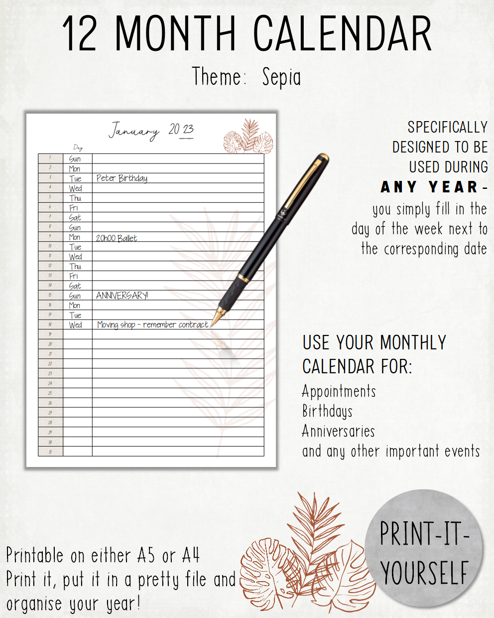 READY TO PRINT:  12 Month Calendar - Sepia