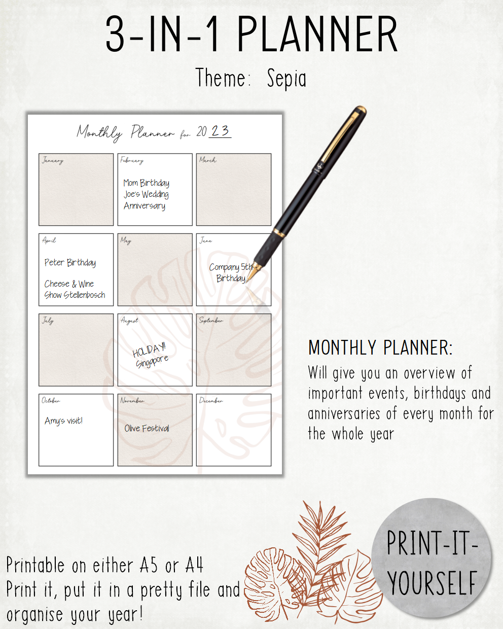 READY TO PRINT:  3-in-1 Planner - Sepia