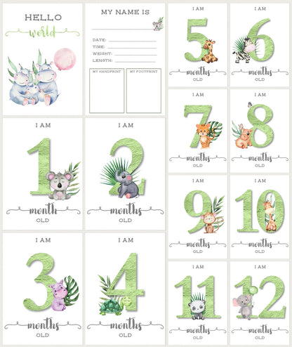 READY TO PRINT:  Baby Milestone Cards - Green Baby Animals