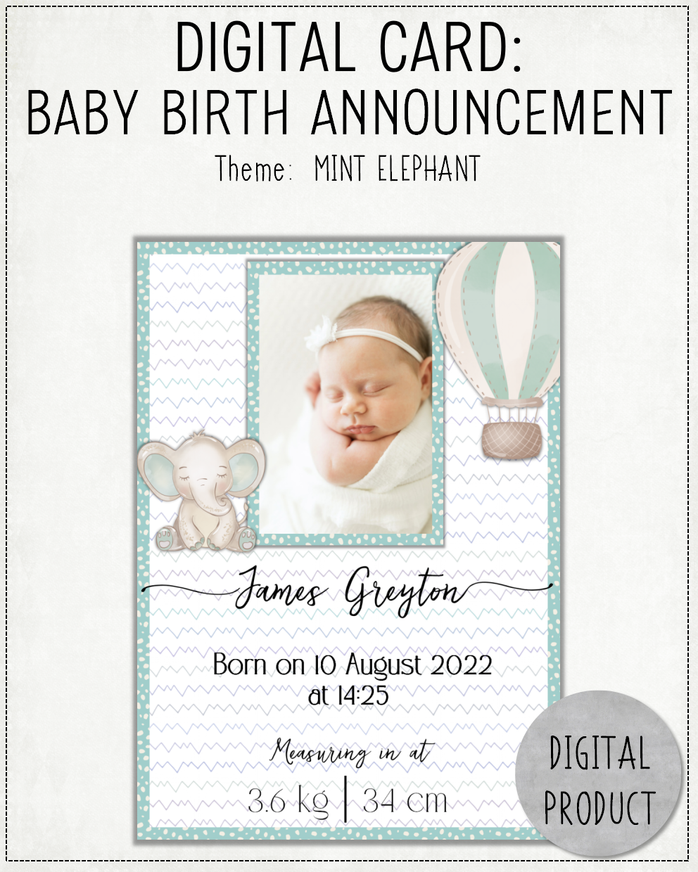 DIGITAL CARD: Baby Birth Announcement - Mint Elephant (English or Afrikaans)