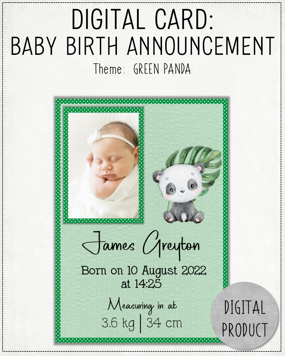 DIGITAL CARD:  Baby Birth Announcement - Green Panda (English or Afrikaans)
