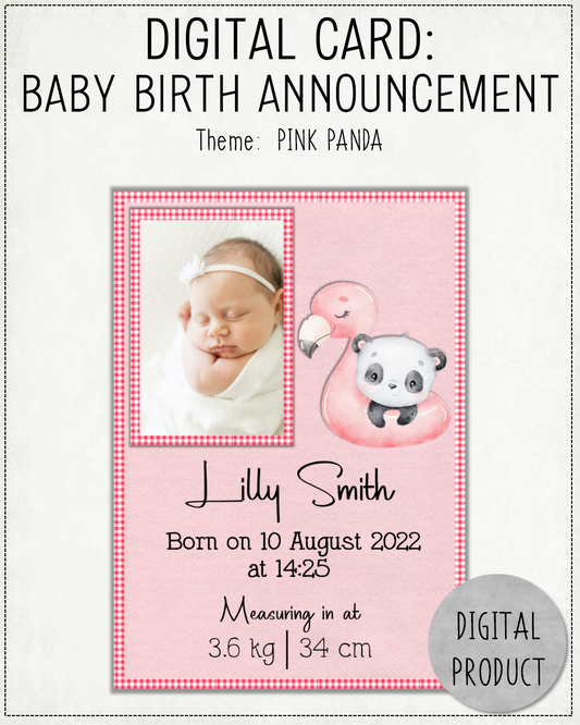DIGITAL CARD: Baby Birth Announcement - Pink Panda (English or Afrikaans)