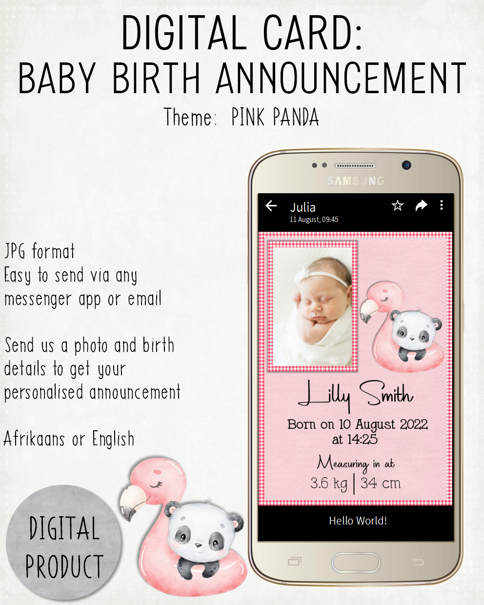 DIGITAL CARD: Baby Birth Announcement - Pink Panda (English or Afrikaans)