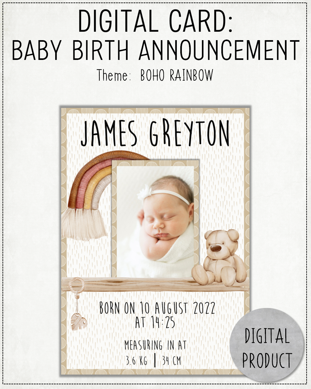 DIGITAL CARD: Baby Birth Announcement - Boho Rainbow (English or Afrikaans)
