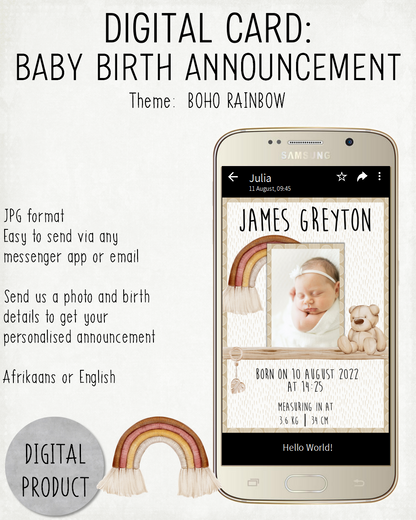 DIGITAL CARD: Baby Birth Announcement - Boho Rainbow (English or Afrikaans)