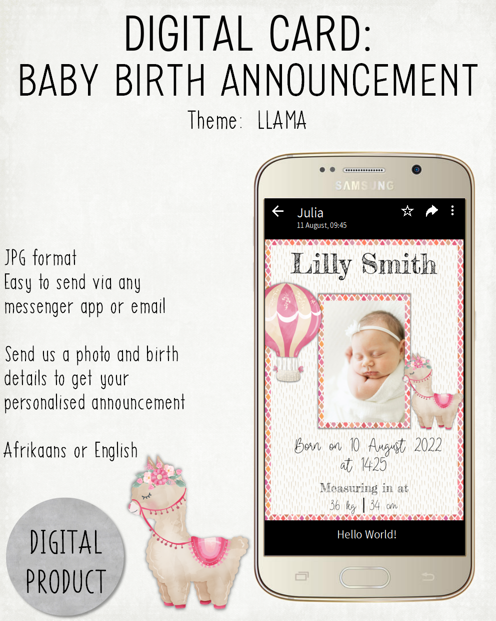 DIGITAL CARD: Baby Birth Announcement - Llama (English or Afrikaans)