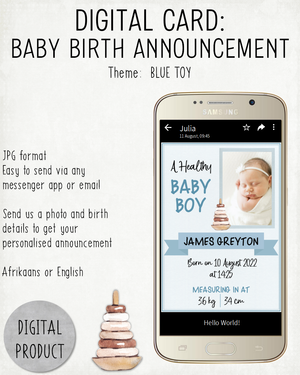 DIGITAL CARD: Baby Birth Announcement - Blue Toy (English or Afrikaans)