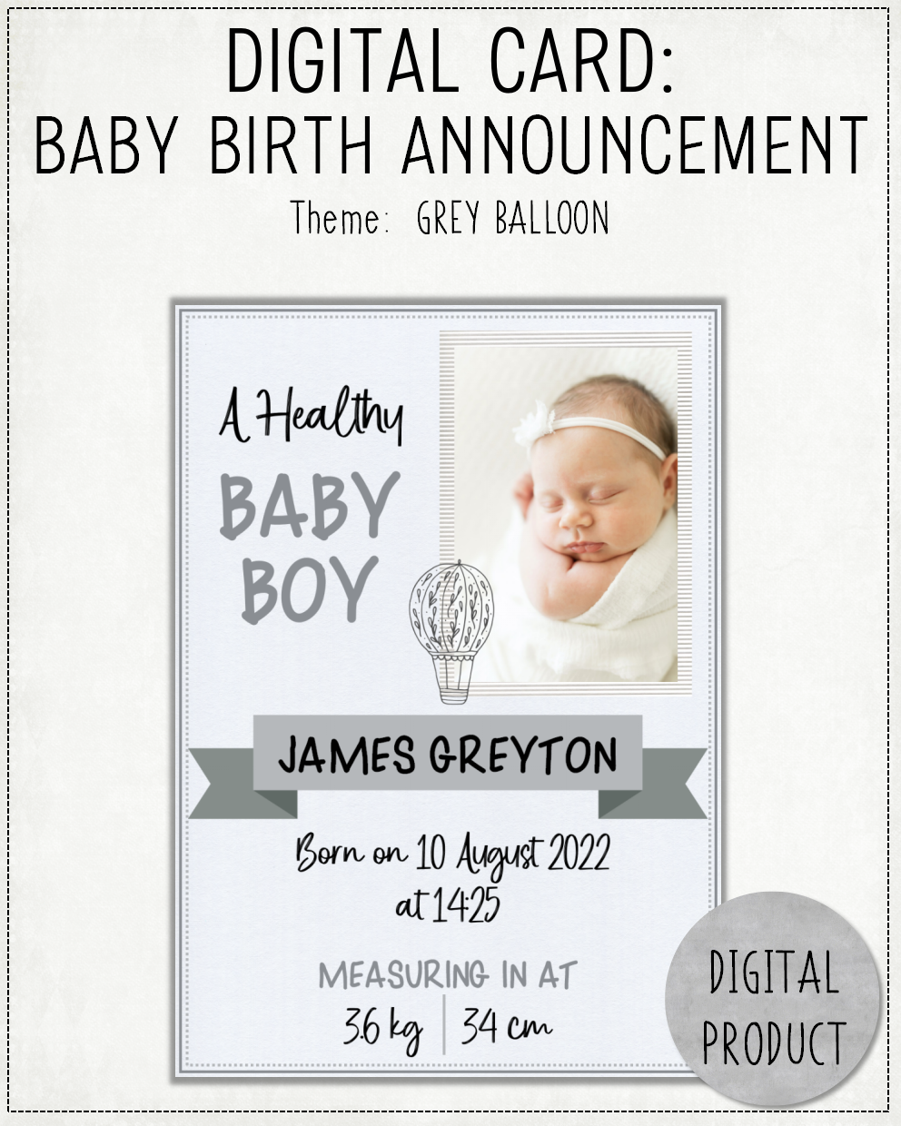 DIGITAL CARD: Baby Birth Announcement - Grey Balloon (English or Afrikaans)