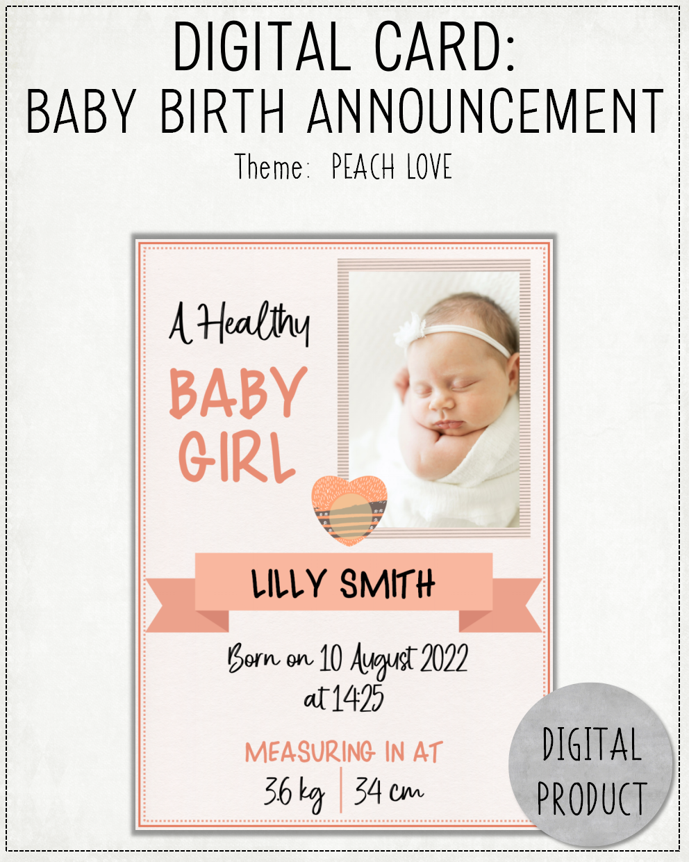 DIGITAL CARD: Baby Birth Announcement - Peach Love (English or Afrikaans)