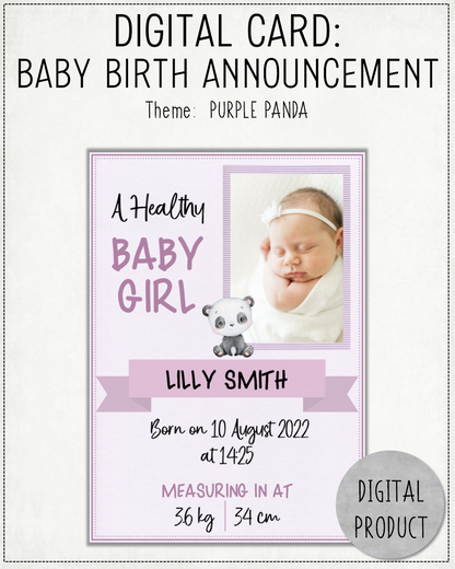 DIGITAL CARD: Baby Birth Announcement - Purple Panda (English or Afrikaans)