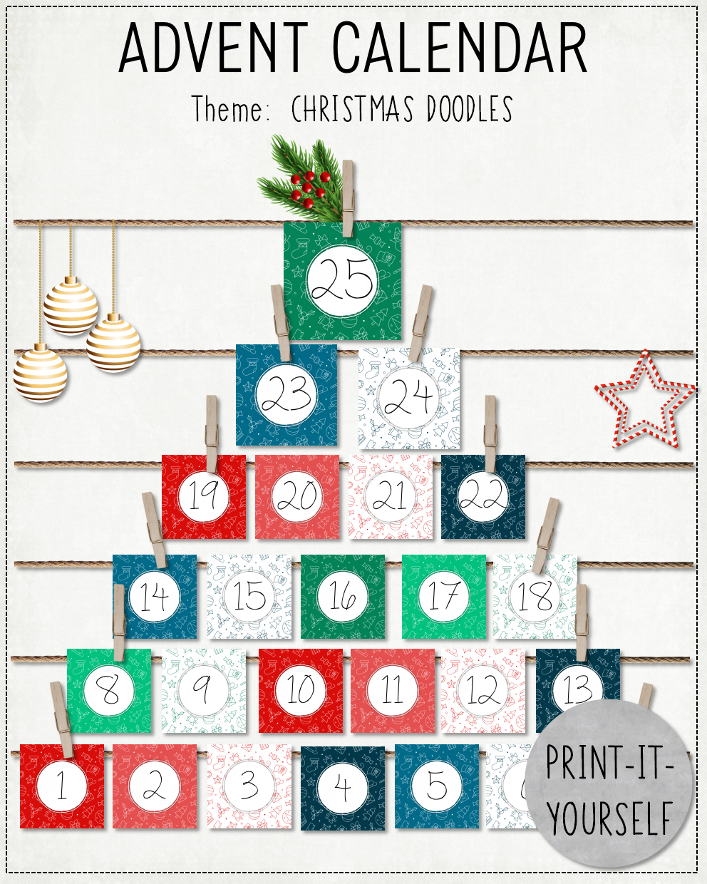 READY TO PRINT:  Advent Calendar - Christmas Doodles